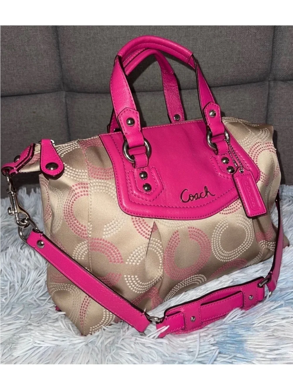Coach Ashley Beige Signature Satchel with Hot Pink Leather Trim